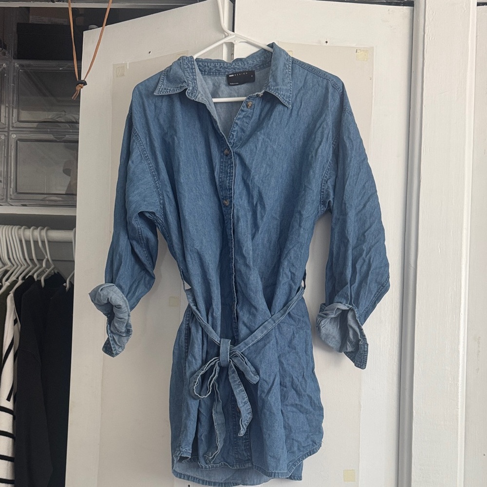 ASOS DESIGN denim mini dress with belt in midwash